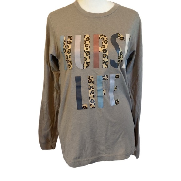 Bella Canvas Tops - “Nurse Life” long sleeve tee. Size S. Tan with leopard print lettering.